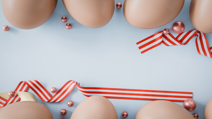 Brown Easter Eggs and Striped Ribbon on Blue Background Copy Space. 3d rendering