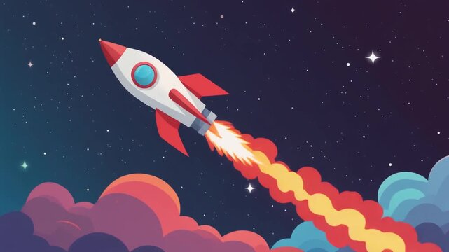 A cartoon rocket launching into a starry night sky with colorful smoke and clouds, symbolizing progress and ambition.