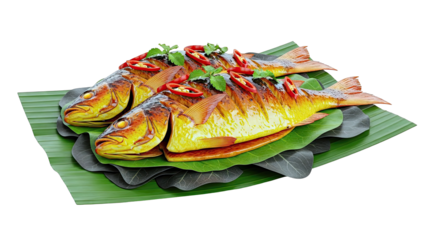 Two Grilled Fish with Chili and Parsley on Banana Leaves