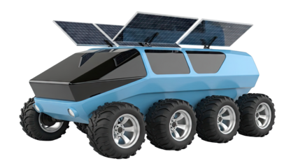 Futuristic blue all-terrain vehicle with solar panels