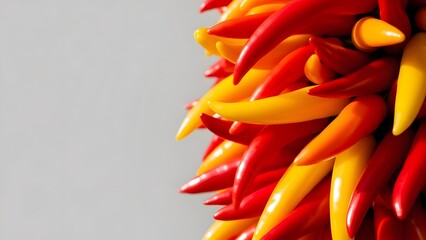 Close up of vibrant red and yellow pointed chili peppers arranged in a dense cluster on a gray background
