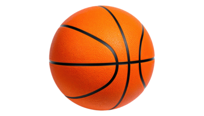 A vibrant, orange sphere with black lines, commonly used for sports, isolated on black