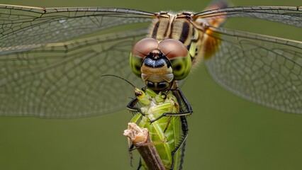 Macro shot of a dragonfly eating a green insect prey on a blurred natural background