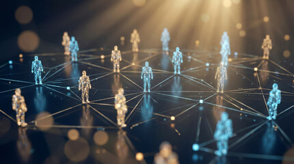 Network of people connected in a futuristic environment with glowing links and radiant light