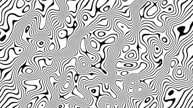 Abstract black and white contour line background with organic pattern. Topographic style wavy texture creates modern graphic visual. Seamless abstract design suits motion graphics and layouts.