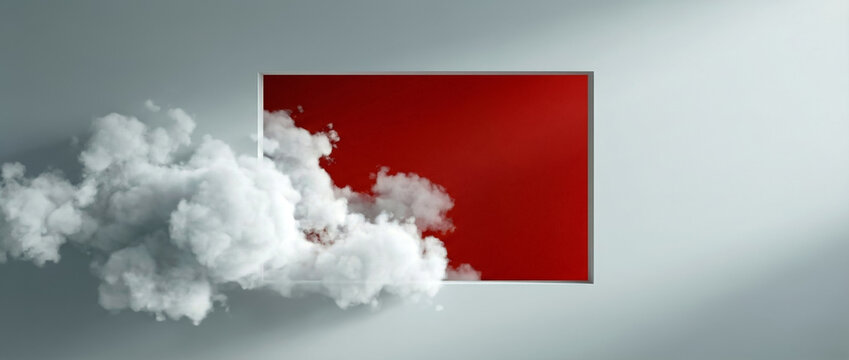 A white cloud floats beside a red rectangle against a grey background. - Powered by Adobe