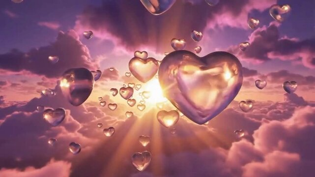 Shiny transparent heart-shaped bubbles floating in a dreamy sky with pink and purple clouds and a radiant light source.