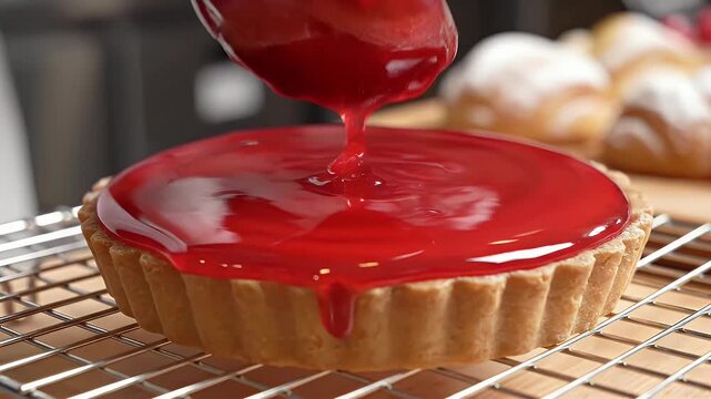 Red glaze pouring onto a delicious fruit tart