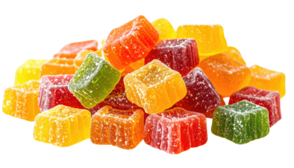 A vibrant pile of assorted, colorful, square, fruit-flavored gummy candies ready to eat