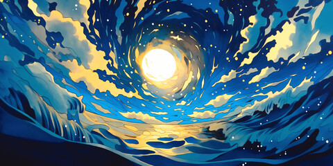 海と満月が織りなす幻想夜景　静かな波音が聴こえるような癒しの風景
月　海　夜　満月　波　幻想　神秘　イラスト　自然　背景素材　ロマンチック　ヒーリング　夜景　星空
