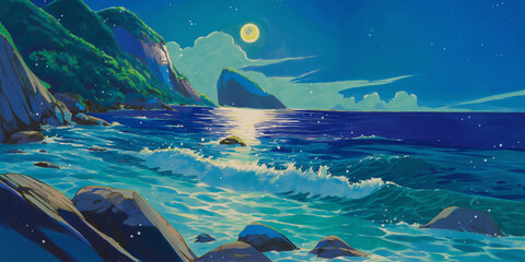 月光が波間に揺れる幻想的な夜の海　自然と癒しの背景イラスト素材
海　月　夜景　幻想的　自然　静寂　ロマンチック　波　イラスト　癒し　風景画　満月　星空　背景素材