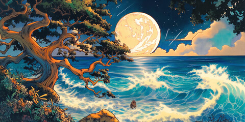 月光が波間に揺れる幻想的な夜の海　自然と癒しの背景イラスト素材
海　月　夜景　幻想的　自然　静寂　ロマンチック　波　イラスト　癒し　風景画　満月　星空　背景素材