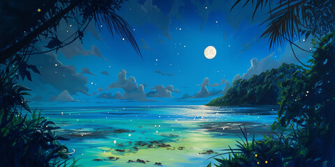 海と満月が織りなす幻想夜景　静かな波音が聴こえるような癒しの風景
月　海　夜　満月　波　幻想　神秘　イラスト　自然　背景素材　ロマンチック　ヒーリング　夜景　星空