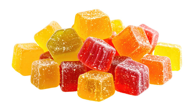A vibrant pile of colorful, square-shaped fruit gummies, against a transparent background