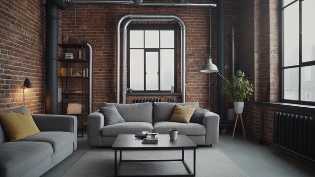 A modern industrial loft living room featuring exposed brick walls, grey sofas, a black coffee table, and large windows.