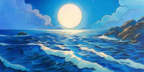 満月と広がる夜の海　波間に光る幻想的な夜景イラスト素材
海　月　満月　波　夜　幻想的　自然　静けさ　ロマンチック　イラスト　風景　背景　ヒーリング　動画用