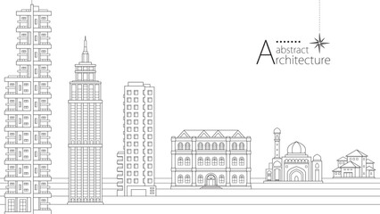 Abstract imaginative line drawings of urban architectural buildings.
