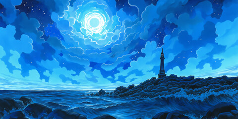 星空と波が広がる満月の夜　幻想的な海の風景イラスト素材
海　夜　満月　星　波　イラスト　幻想　静寂　神秘　自然風景　夜景　癒し　空　アニメ調　背景素材