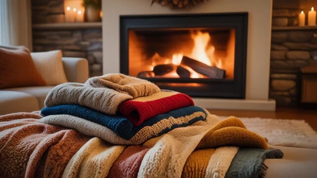A cozy living room scene with a stack of warm knitted sweaters and blankets in the foreground, set against a glowing fireplace and soft ambient lighting.