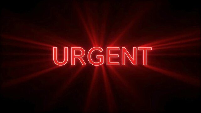 Glowing Red Neon Urgent Sign Emitting Warning Light Rays on Dark Background - Critical Message Concept
