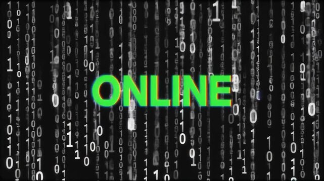 Dynamic digital rain of binary code frames the glowing green word 'ONLINE', visually capturing the essence of the internet's pervasive reach and virtual connectivity