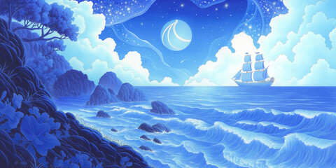 ロマンチックな満月の海と波の煌めき　癒しの幻想夜景イラスト素材集
海　月　夜　波　満月　幻想的　自然　ヒーリング　神秘的　背景　イラスト　夜空　静寂　動画映像向け