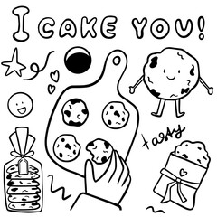 Hand Drawn Cookie Doodle Set with Sweet Bakery Desserts in Cute Sketch Style