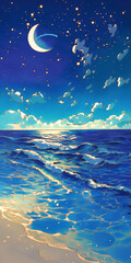 幻想的な夜の海と満月の光　静寂と神秘に包まれた海辺のイラスト背景
月　海　夜　星　波　風景　神秘　自然　イラスト素材　満月　動画向け　癒し　ロマンチック　星空　夜景