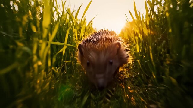 Hedgehog Foraging Through Tall Green Grass at Golden Hour Sunlight