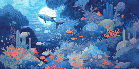 月光に照らされた夜の海　静かな波と星空が広がる幻想風景イラスト
海　月　夜　星　波　幻想的　自然　風景　満月　静寂　ロマンチック　ヒーリング　背景　夜景　アニメ風