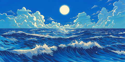 月光に照らされた夜の海　静かな波と星空が広がる幻想風景イラスト
海　月　夜　星　波　幻想的　自然　風景　満月　静寂　ロマンチック　ヒーリング　背景　夜景　アニメ風