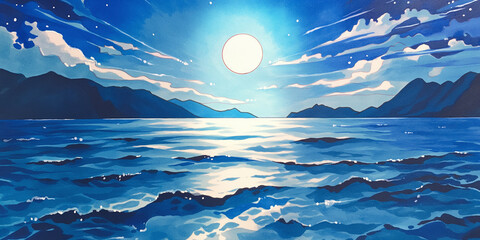 満月と夜の海が描く幻想風景　静かに波打つロマンチックな夜景イラスト
海　月　満月　夜景　波　幻想　自然　神秘的　癒し　アニメ調　風景画　背景素材　静けさ　星空　月夜