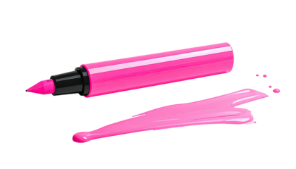 A vibrant pink marker, lying on its side, with a puddle of spilled ink and drops