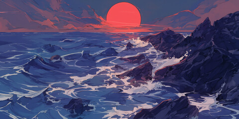 月光に照らされた夜の海　静かな波と星空が広がる幻想風景イラスト
海　月　夜　星　波　幻想的　自然　風景　満月　静寂　ロマンチック　ヒーリング　背景　夜景　アニメ風