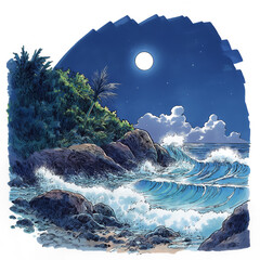 幻想的な月夜の海と波の輝き　夜空に浮かぶ満月と幻想風景イラスト素材
海　月　夜景　幻想　波　風景　満月　自然　癒し　イラスト　背景　神秘的　静寂　ロマンチッ