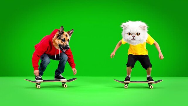 Funny Dog and Cat Characters Riding Skateboards on Green Screen