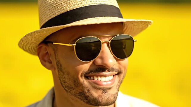 Smiling Man in Summer Hat and Sunglasses