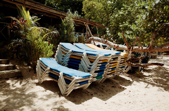 Sun Loungers Stacked Under Trees at a Beach Resort in Summer