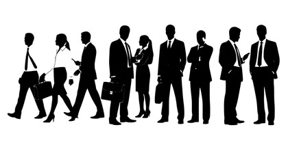 Business men and women, group of people at work. Isolated vector silhouettes
