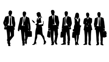 Business men and women, group of people at work. Isolated vector silhouettes
