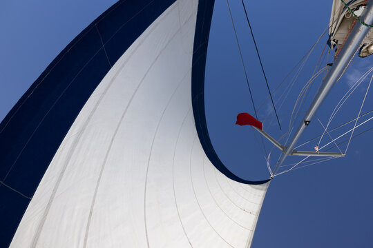 View of sail and mast looking up.