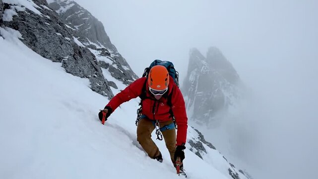 Winter Mountaineer Climbing Snowy Ridge