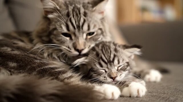 Two cats cuddling and sleeping together