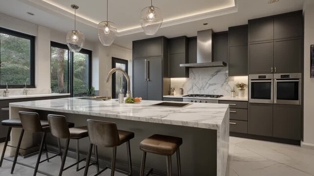 A spacious and modern kitchen featuring dark grey cabinetry, a large white marble island with bar stools, stainless steel appliances, and elegant pendant lighting.