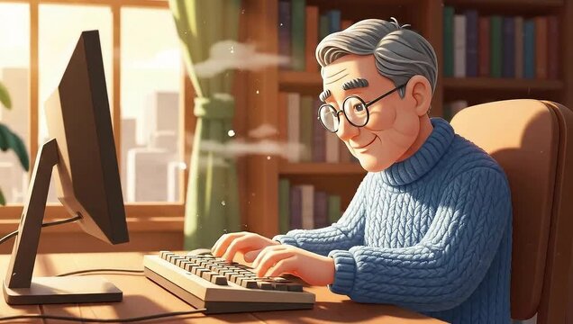 Elderly Man Typing on Computer in Cozy Room.