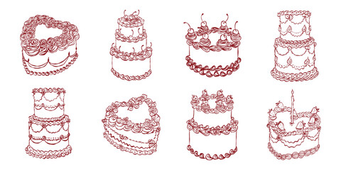 Hand drawn cake collection in playful vintage style. Minimal line and ink dessert elements with textured scribble look. Cute festive food illustrations for cards, branding, bakery designs and celebrat