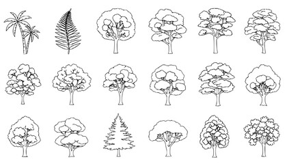 
silhouette tree line drawing set, Side view, set of graphics trees elements outline symbol for architecture and landscape design drawing. Vector illustration in stroke fill in white. Tropical