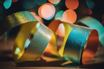 Diffraction grating foil ribbon shimmers with vibrant colors and festive bokeh lights in background creating joyful and celebratory atmosphere for parties or events