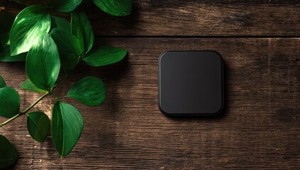 Dark square object on rustic wood with greenery