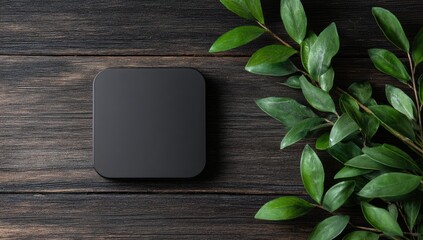 Flatlay of a black square box on dark wood with green leaves